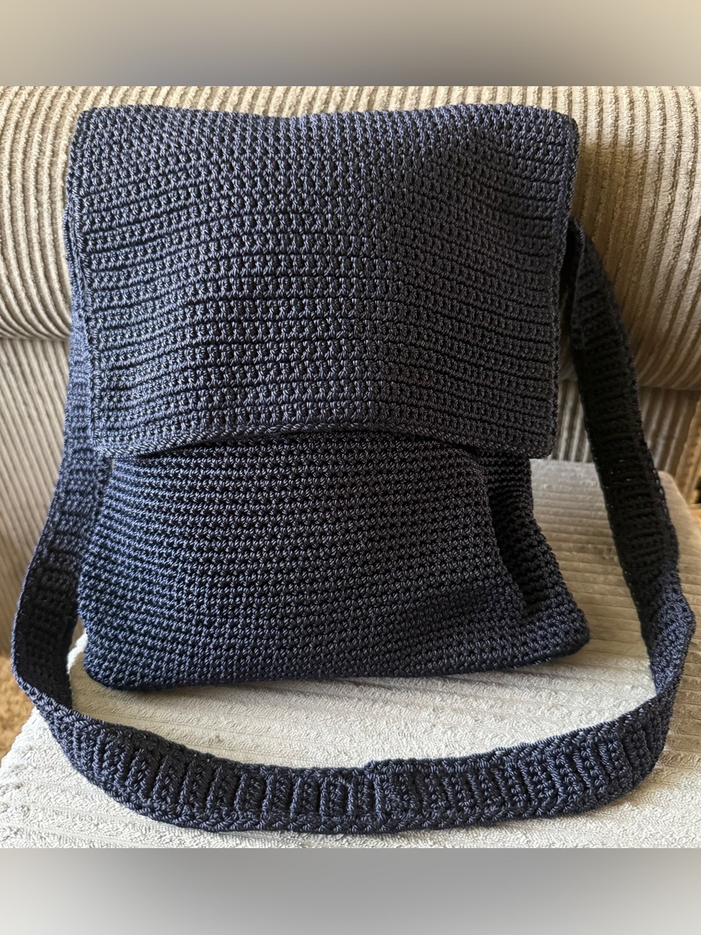 The Sak Navy Blue Knit Crossbody Bag Purse Crochet Shoulder 11”x11”
